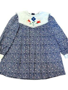 Vtg Alyssa White Collared Bib Navy Dress Pink Florals Tulips Long Sleeve Size 6